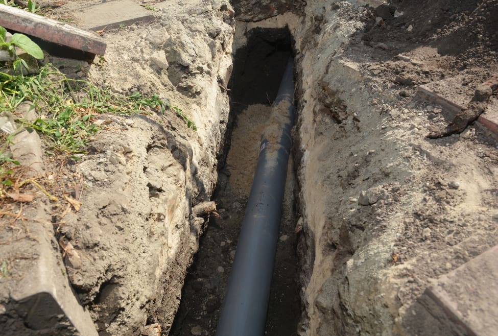 Close-up of a sewer line installation in progress, representing common plumbing issues like broken or collapsed pipes, sewer line replacement cost, trenchless sewer line services, and emergency plumbing repairs by Lochard HVAC, Plumbing, and Service. Trust us now to help you with how much does it cost for a new sewer line, average cost to replace sewer line, sewer line replacement cost near me, new sewer pipe installation, trenchless sewer line replacement, emergency sewer line repair, cost to replace main sewer line, sewer pipe repair services, residential sewer line replacement, sewer line installation near me, how to replace a sewer line, broken sewer pipe cost, plumbing repair services near me, sewer system repair, cost of trenchless sewer repair, how much is a new main sewer line, underground sewer pipe replacement, licensed plumber for sewer line, sewer line inspection and replacement, sewer line services near me, Lochard HVAC Plumbing and Service sewer line repair, affordable plumbing services near me, new sewer line cost estimate.