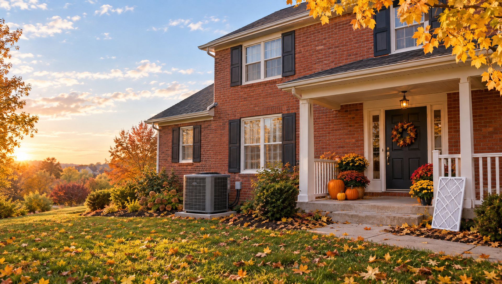 Brick home in autumn with an outdoor air conditioner unit and a new furnace filter by the porch